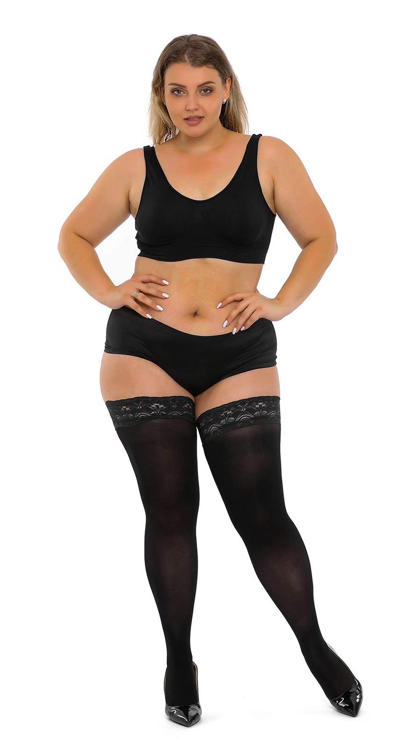 HONENNA Semi Sheer Stay Up Lingerie Plus Size Thigh High Stockings Lace Top Pantyhose for Women - Image 2